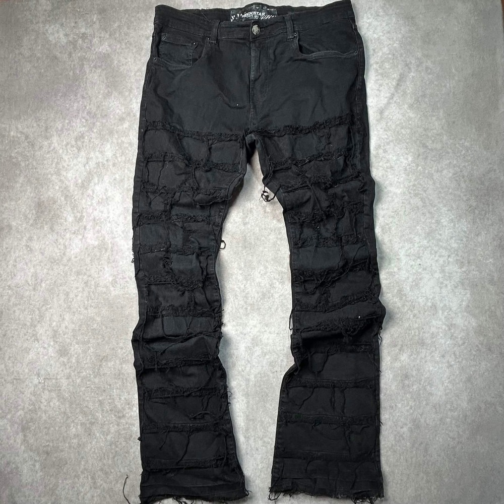 Rockstar Original Mens Black Heavily Distressed Stacked Flare Jeans 38x36